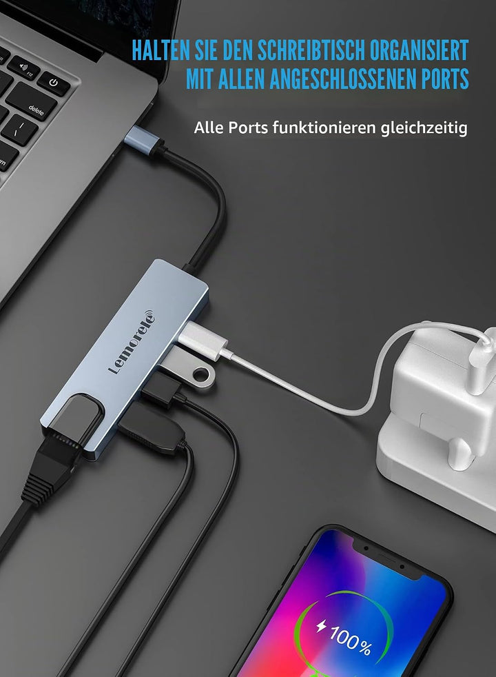 Lemorele USB C Hub (5 in 1 - Upgraded), USB C Multiport Adapter mit HDMI 4K, LAN RJ45 Ethernet, 2 US