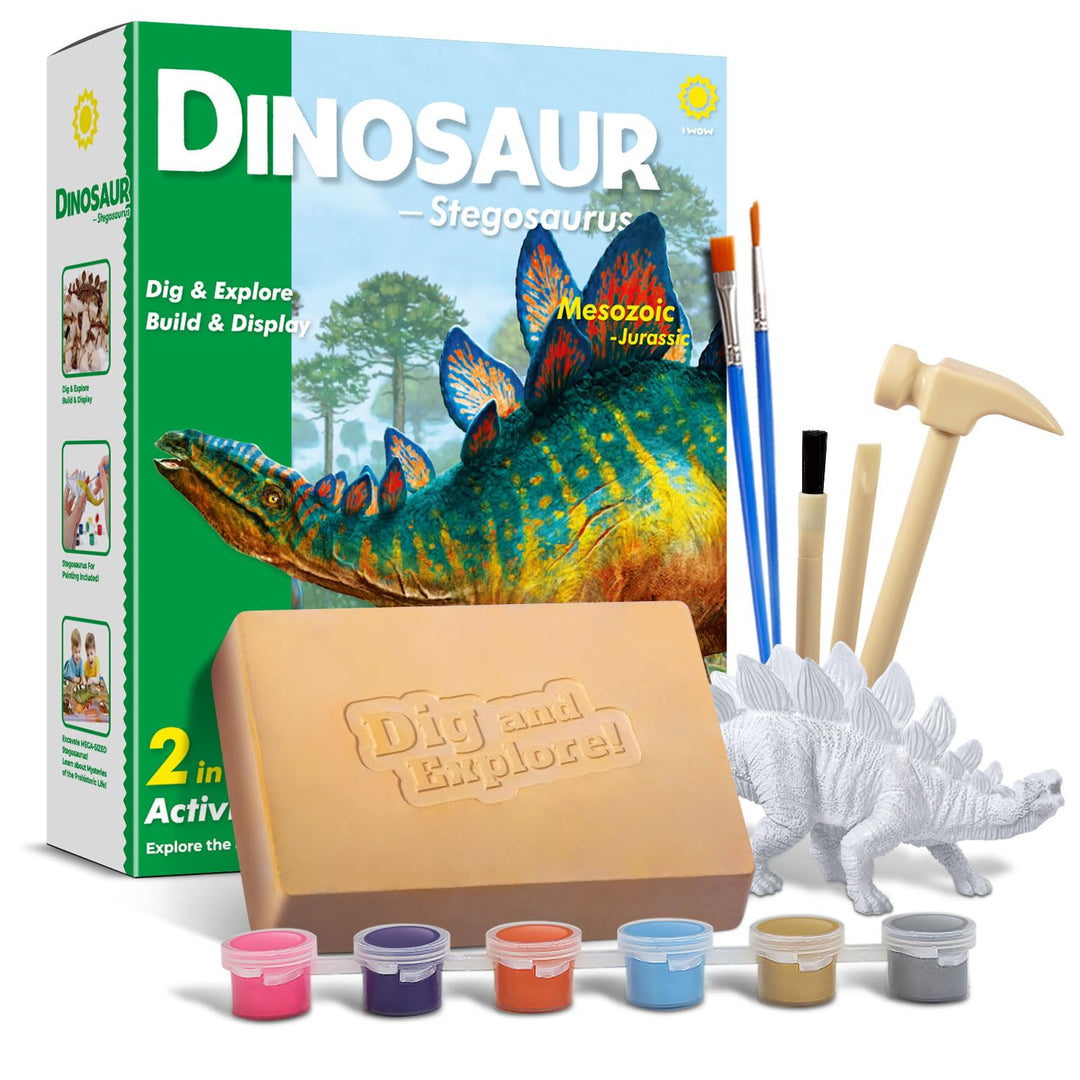 EGGBOX Dinosaurier Skelett Ausgrabungsset für Kinder, 2-in-1 Stegosaurus Dino Dig & Malset, Dinosaur