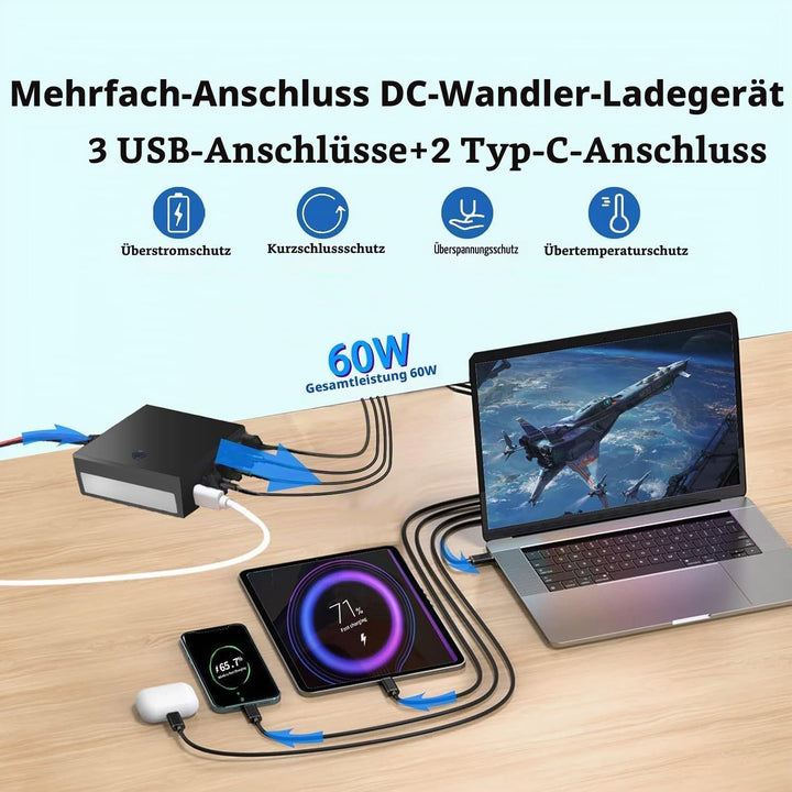 DC-Konverter 12V/24V auf 5V 12A, bis zu 60W, mit Batterieklemmen, USB-C, Mehreren Anschlüssen, Buck-