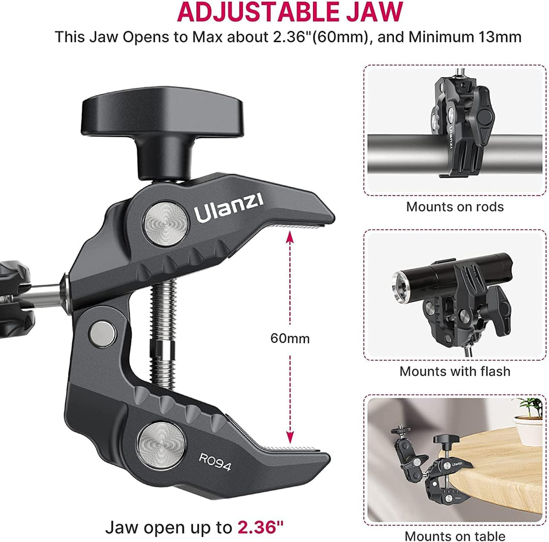 ULANZI R094 Klemmstativ Kamera, Magic Arm mit Super Clamp Crab und 360° Doppelkugelkopf mit 1/4" &amp; 3