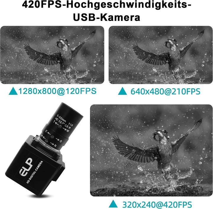 Monochrome USB Kamera mit Globalverschluss | 800P 120FPS ultraschnell, 5–50 mm CS Objektiv mit manue