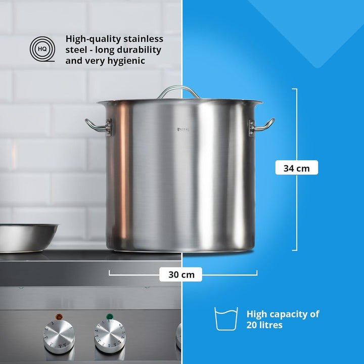 Royal Catering RCST-21E3 Edelstahltopf mit Deckel Edelstahlkochtopf Kochtopf Induktion (20 Liter, Bo
