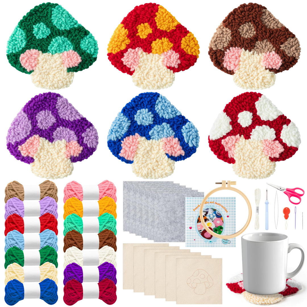 WATINC Craft Punch Needle Untersetzer Kit mit Pilzmuster DIY Bastelpackung Punch Needle Set Stickere