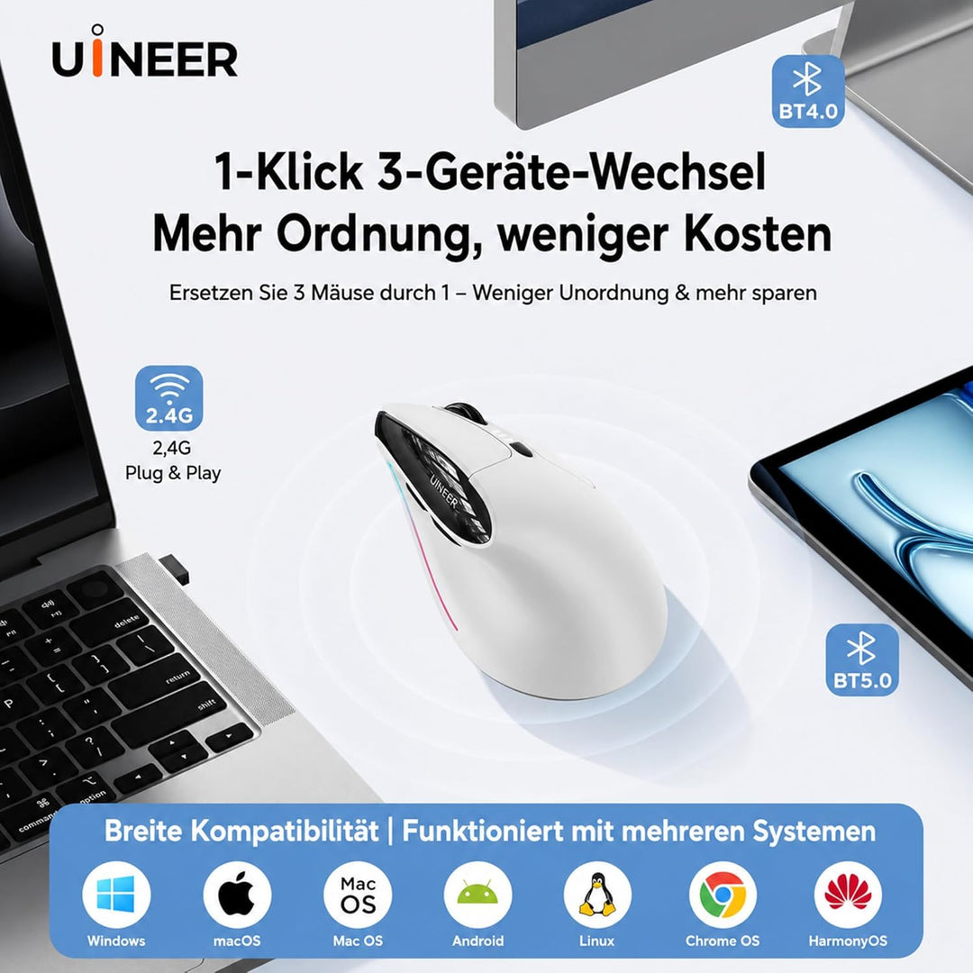 Uineer Ergonomische Maus Kabellos, Vertikale Bluetooth Maus Wiederaufladbar mit Leisem klick, 7 Farb