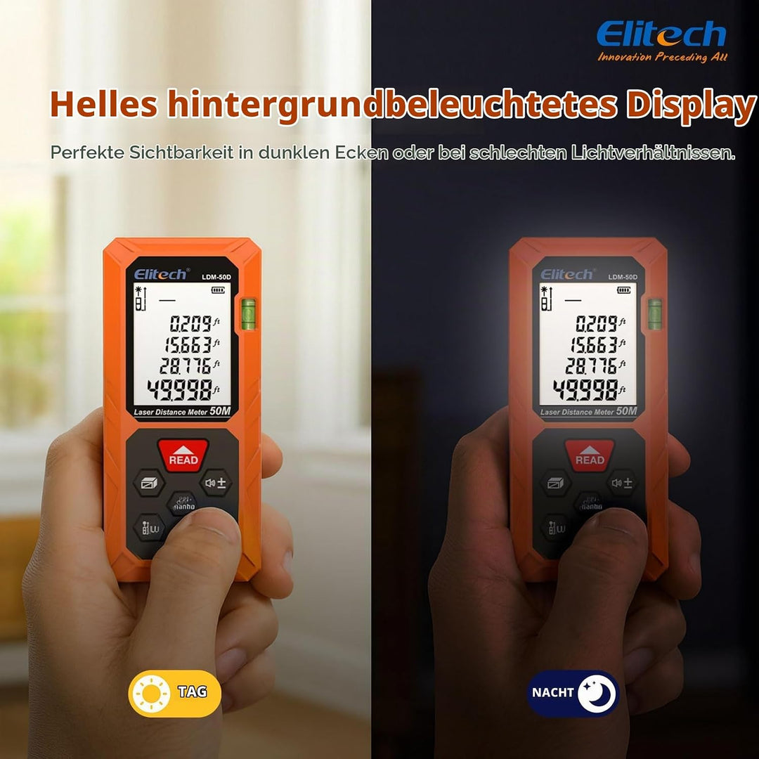 Elitech LDM-50-Series Laser Entfernungsmesser 50m Reichweite, ±2mm Genauigkeit, Flächen-/Volumen-/Py