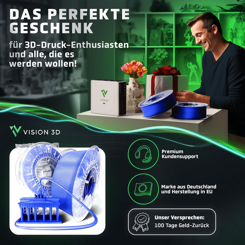 Vision 3D® PETG Glossy Filament 1.75 - [1KG Spule] 3D Drucker Filament PETG - Wasserfest, Hitze- & U