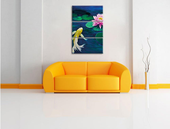 Pixxprint Koi mit Seerose Kunst als Leinwandbild - Grösse: 3-Teilig (120x80cm) - Wandbild - Kunstdru