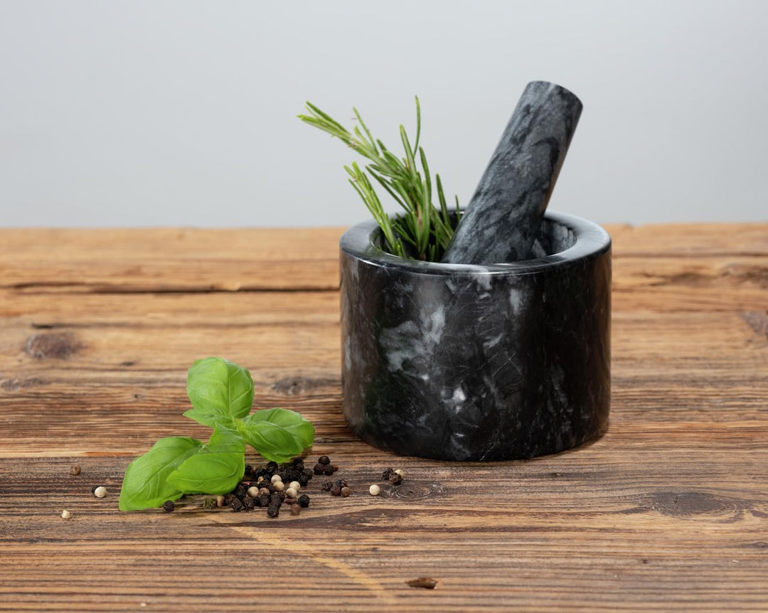 WENKO Mörser Marmor zum Zerkleinern von Kräutern und Gewürzen Schwarz