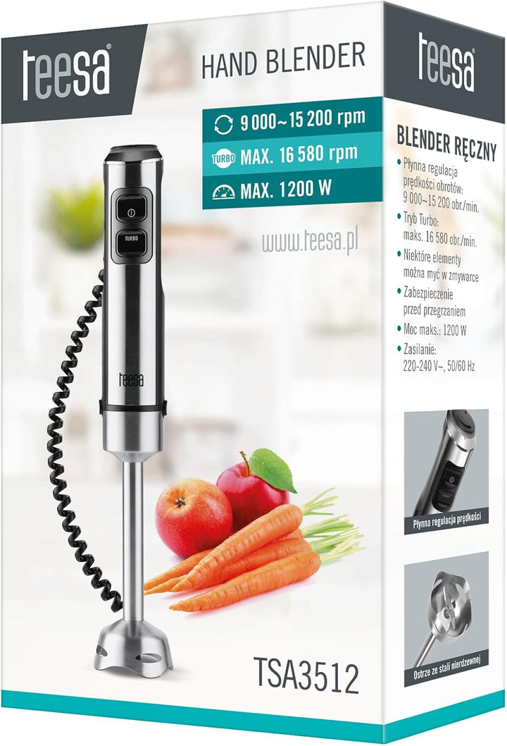 Teesa 1200 W Stabmixer mit verstellbaren Turbomodus-Edelstahlklingen TSA3512