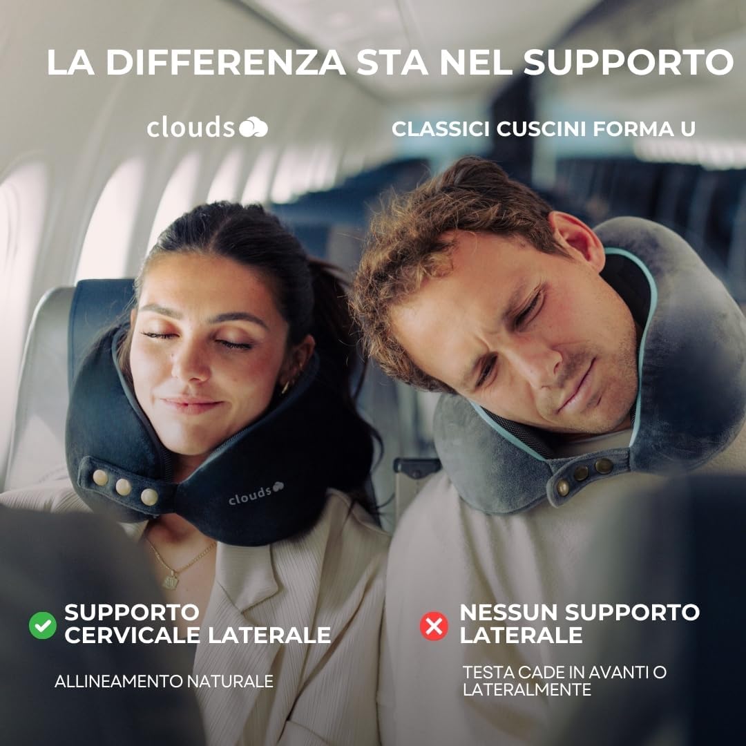 CLOUDS Nackenkissen Flugzeug & Auto – Einstellbares Memory Foam Reisekissen in 2 Grössen für Erwachs