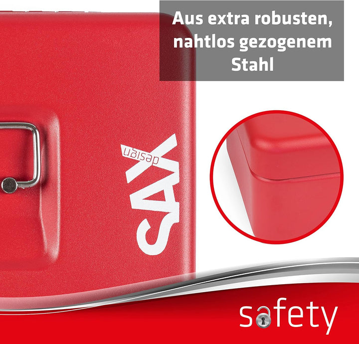 SAX Geldkassette mit Zahlenschloss, extra Starkes Schloss, 25 x 18 x 9cm, Large, Rot, 0-823-13 Large