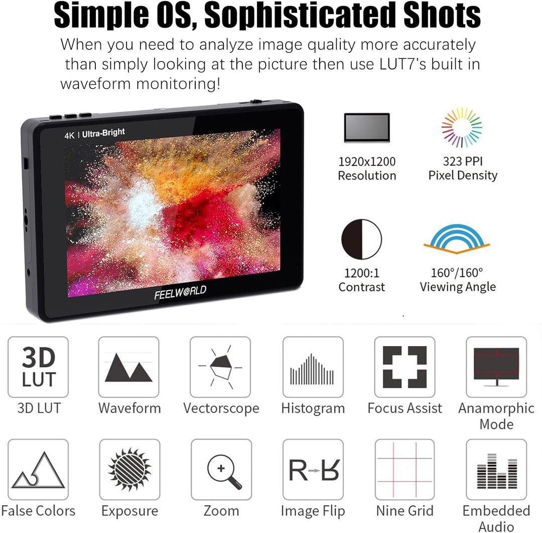 Feelworld LUT7 7 Zoll 1920x1200 IPS 4K Touchscreen 2200nit Ultra Bright DSLR-Kamera Feldmonitor Unte