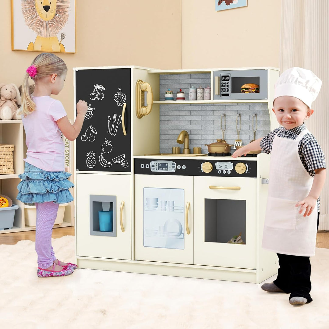 DREAMADE Kinderküche Holz mit Zubehör, Kinderspielküche Holzküche mit Herd Geschirrspüler Eismaschin