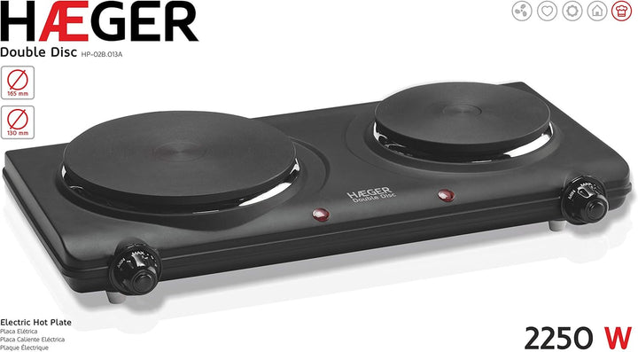 Plaque Électrique Haeger Double Disc Noir 2 Feux à gaz 2250W