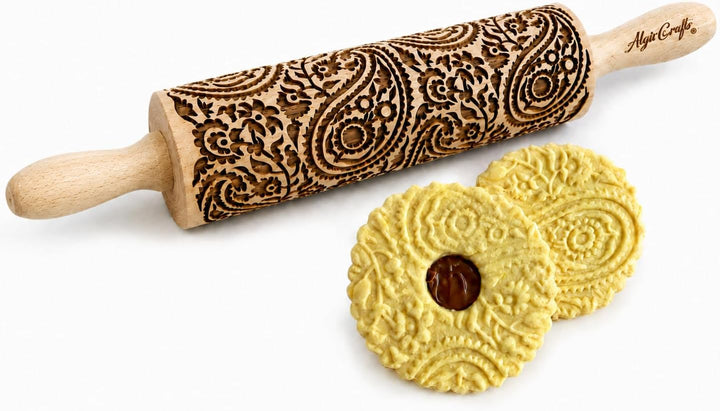 PAISLEY gravierte Nudelholz für hausgemachtes Gebäck. Teigroller mit Blumen. Gravierte Nudelholz mit