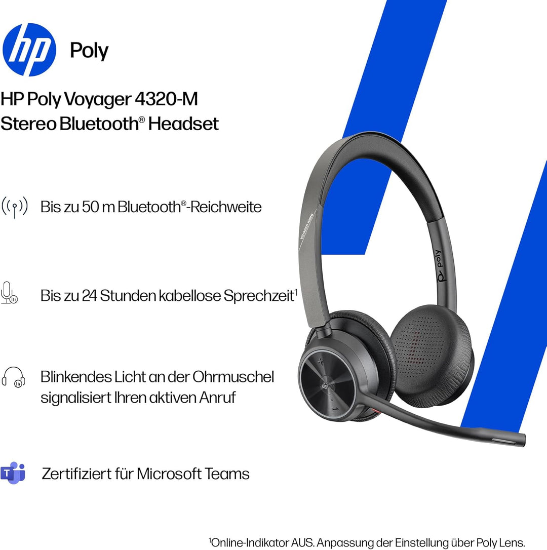 Poly Voyager 4320 UC schnurloses Headset, Stereo-Kopfhörer mit Noise Cancelling-Mikrofonarm, Verbind