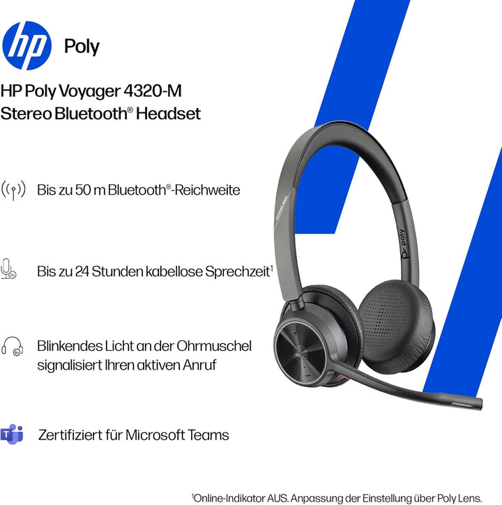 Poly Voyager 4320 UC schnurloses Headset, Stereo-Kopfhörer mit Noise Cancelling-Mikrofonarm, Verbind