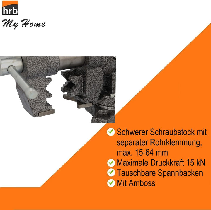 HRB Profi Schraubstock drehbar gross - 125 mm Spannweite-, multifunktionaler Profi Tischschraubstock