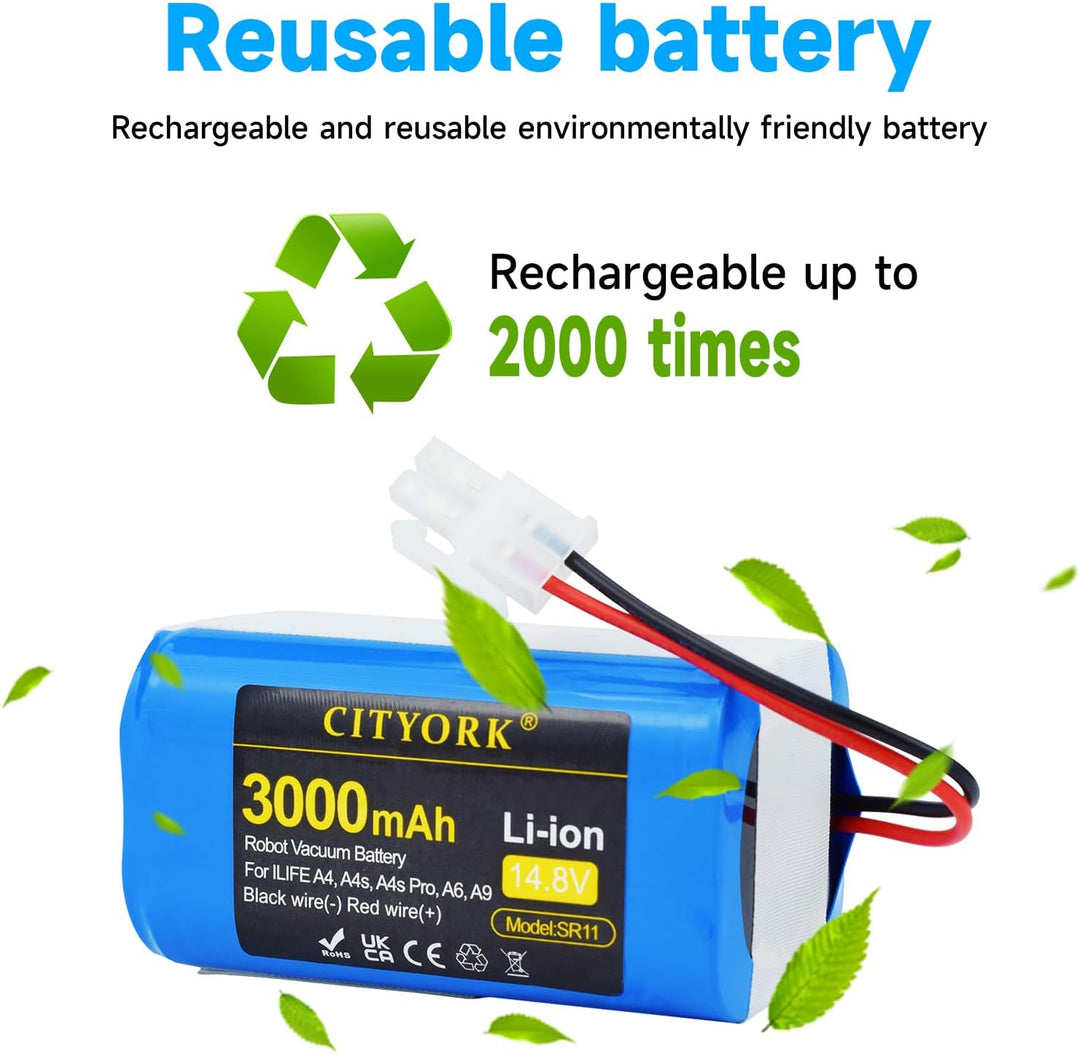 CITYORK 3000mAh Akku für Zaco iLifeA4, A4s, A4s Pro, V7, V7S, V7 Plus/Pro, A6, A7, A8, A9, A10, A10
