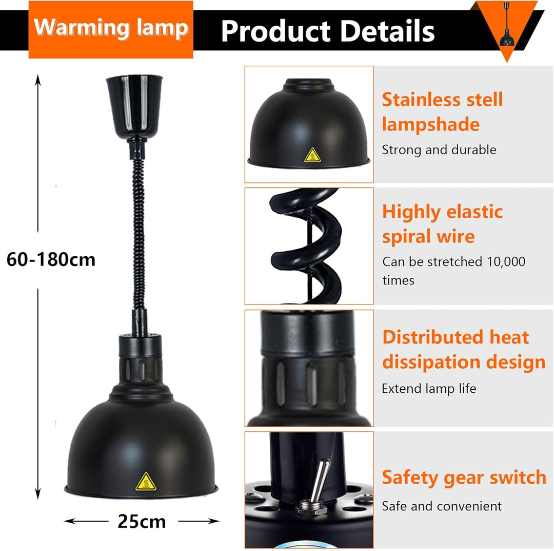 Wärmelampe Küche, 250W Hängend Wärmelampe Gastronomie für Speisen, 25cm Lebensmittel Wärmelampe für
