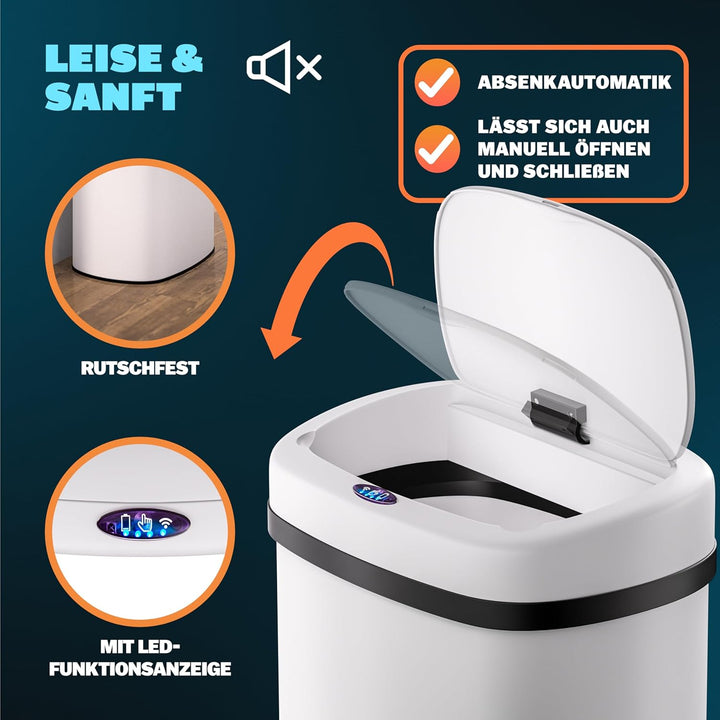 Monzana® Mülleimer mit Sensor Küche 50L Weiss Edelstahl Automatik Deckel Klemmring inkl. USB-Kabel S