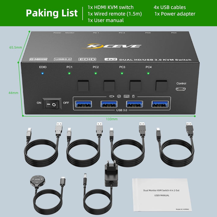KVM Switch 4 Computer 2 Monitore, KCEVE 8K@60Hz, 4K@144 Hz USB 3.0 HDMI KVM-Umschalter mit EDID-Emul