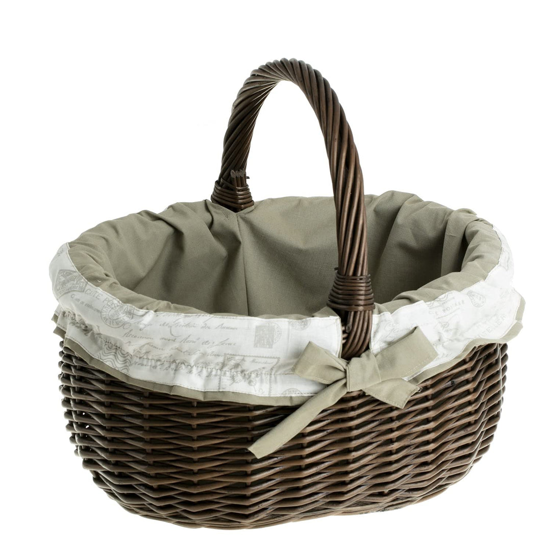 Einkaufskorb aus Weide, Weidenkorb in weiβ, oval, Bügelkorb mit Garnierung, Geschenkkorb (Dunkelbrau