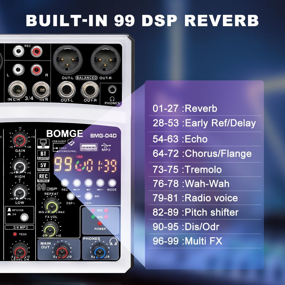 BOMGE DJ-Audio-Mischpult, 4-Kanal, 16 DSP Echo, Sound-Schnittstelle, Mischkonsole, Karaoke, mit MP3,
