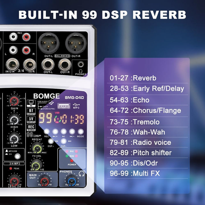 BOMGE DJ-Audio-Mischpult, 4-Kanal, 16 DSP Echo, Sound-Schnittstelle, Mischkonsole, Karaoke, mit MP3,