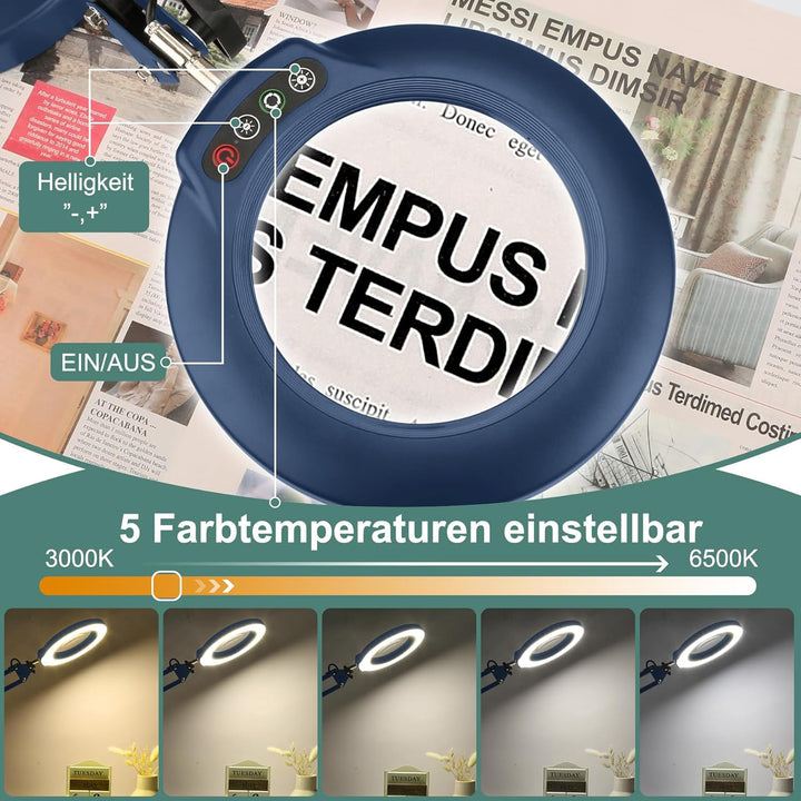 Veemagni 10X Echtes Glas Lupe mit Licht, 5 Farbmodi Stufenlos Dimmbar, Verstellbarer Schwenkarm LED