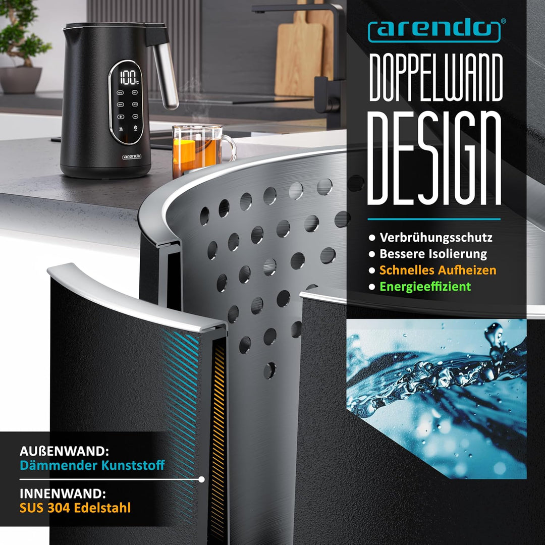 Arendo - digitaler Wasserkocher mit Temperatureinstellung - Edelstahl - Doppelwand Design Cool Touch