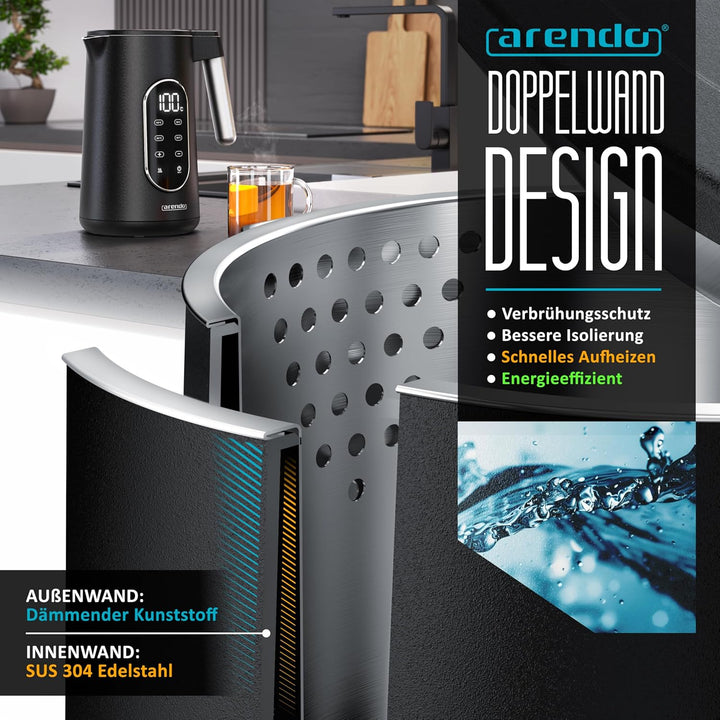 Arendo - digitaler Wasserkocher mit Temperatureinstellung - Edelstahl - Doppelwand Design Cool Touch
