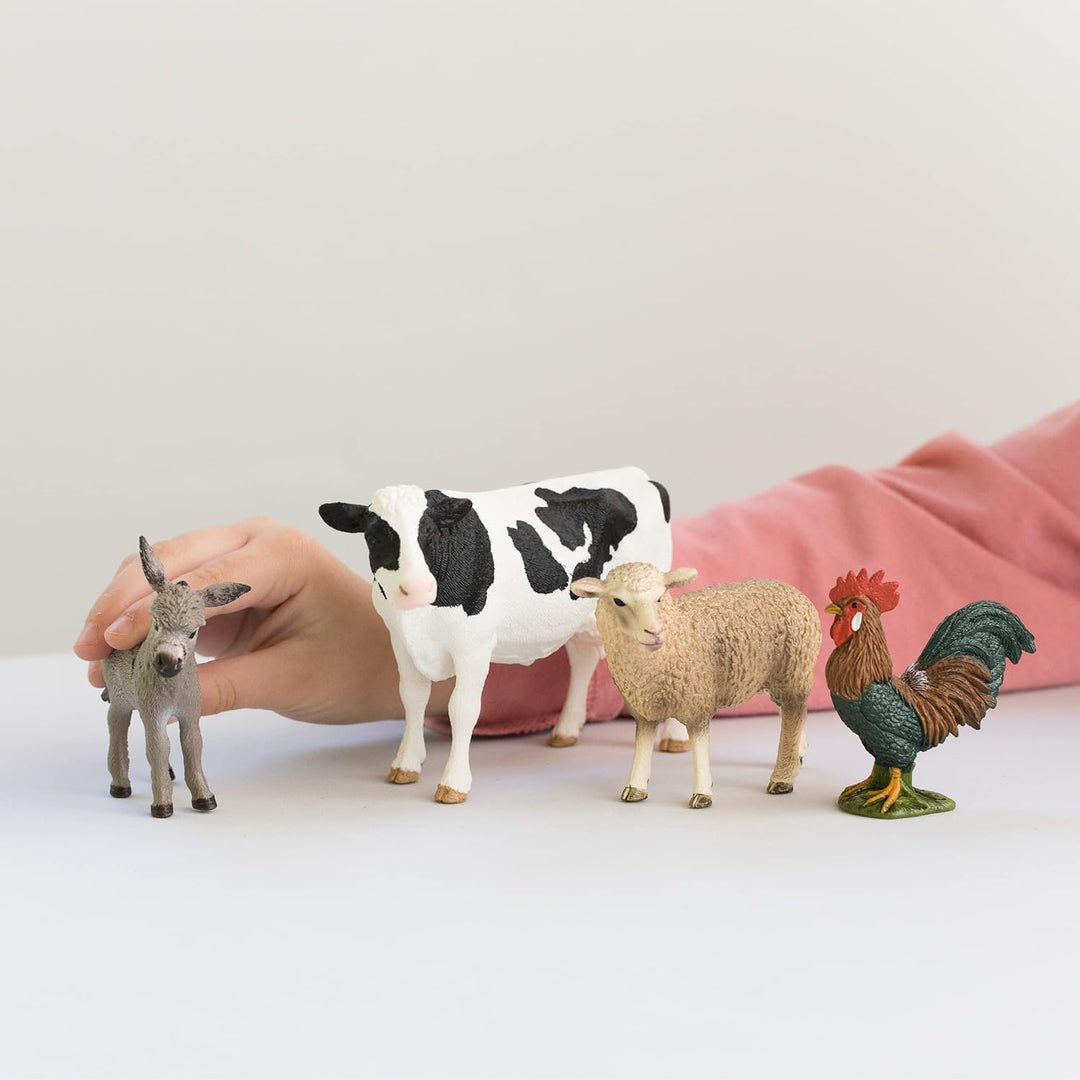 schleich 42385 FARM WORLD Starter-Set inkl. 4 schleich Bauernhoftiere: Kuh, Schaf, Esel & Hahn, Tier