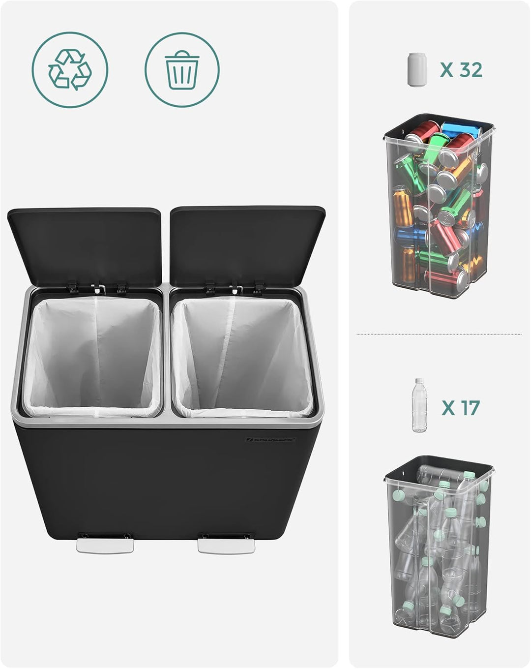 SONGMICS Mülleimer, Abfalleimer, Mülltrennsystem mit 2 Fächern, Treteimer für die Küche, 2 x 24 L, S