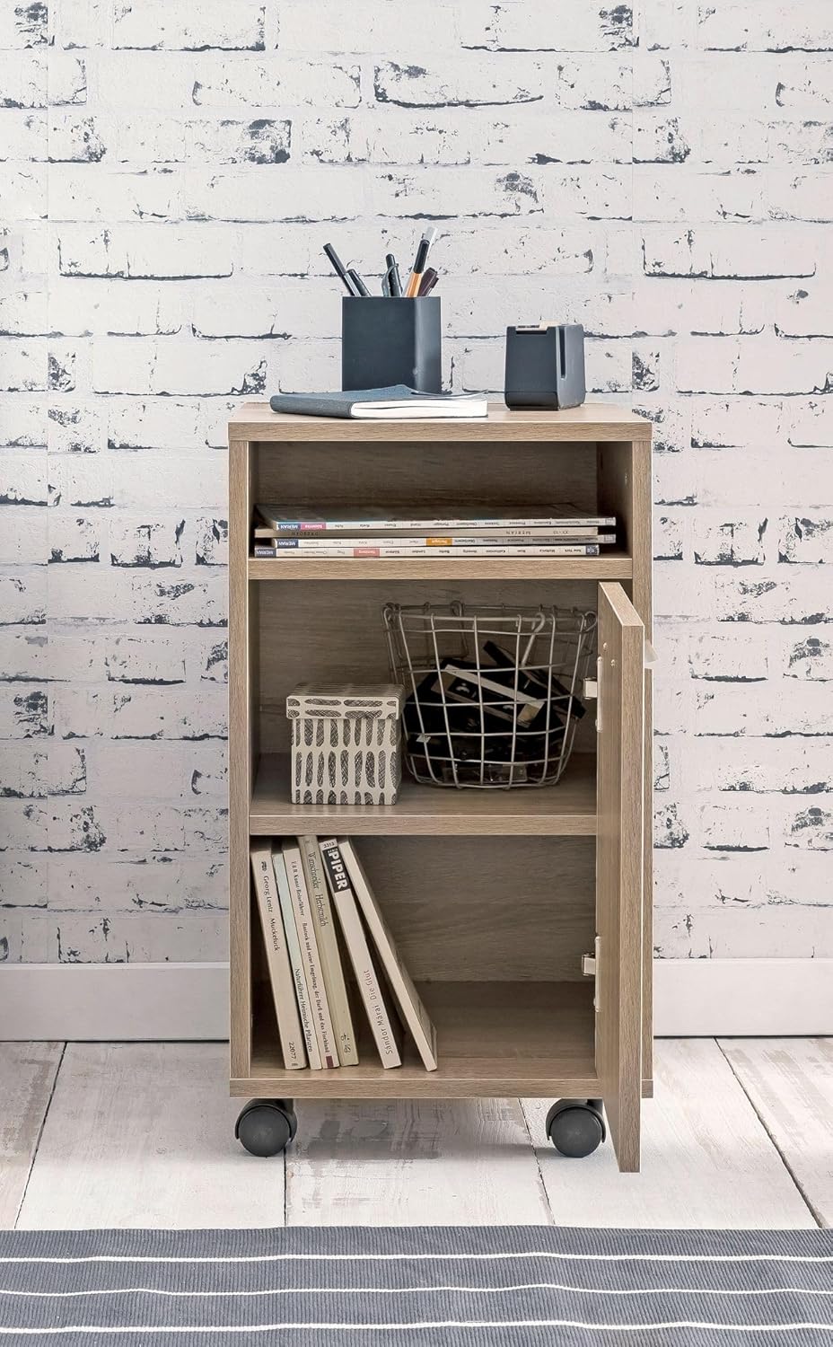 Wohnling Rollcontainer Sonoma 33x60x38cm Schubladenschrank Büro, Schreibtischcontainer mit Tür & Abl