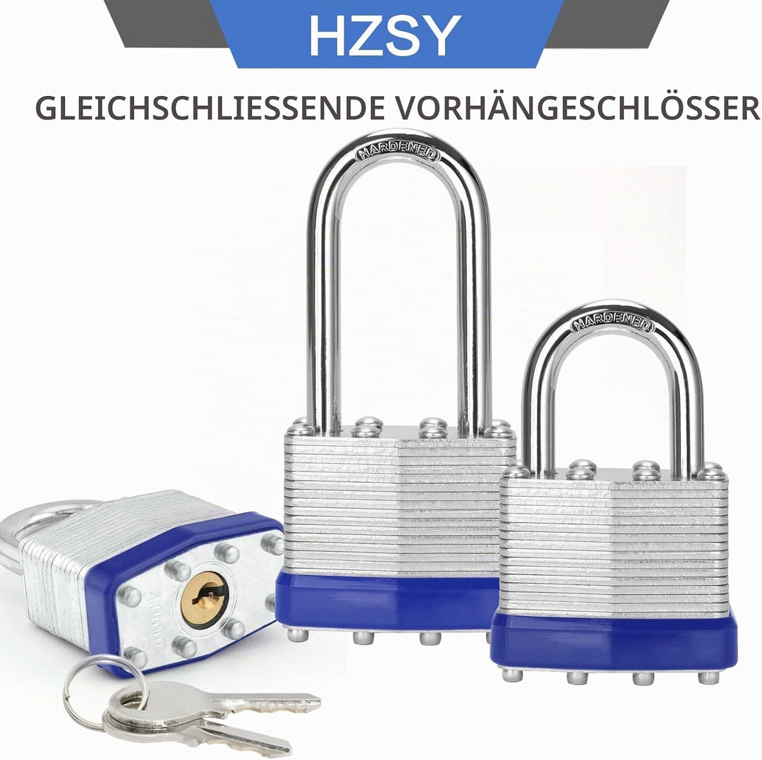 Vorhängeschlösser gleichschliessend, 12 Stück, laminierter Stahl, 40 mm, Vorhängeschlösser mit gleic