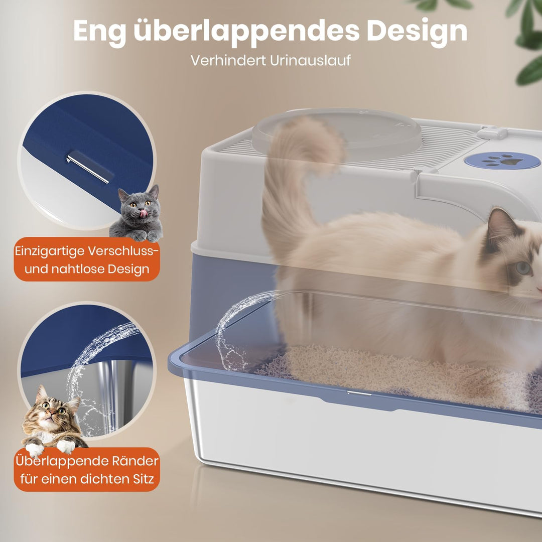 XXL Katzenklo Edelstahl mit Deckel, Cityflee Geschlossenes Katzenklo, Katzentoilette mit Deckel & Fr