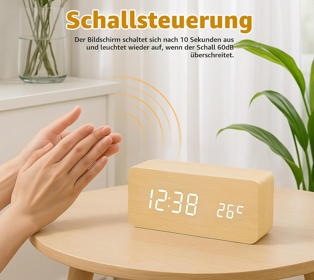 iTOMA Kleiner Holz-Wecker mit 3 Alarmen, manuellem Dimmer, 12-/24-Stunden-Format und weisser LED-Anz