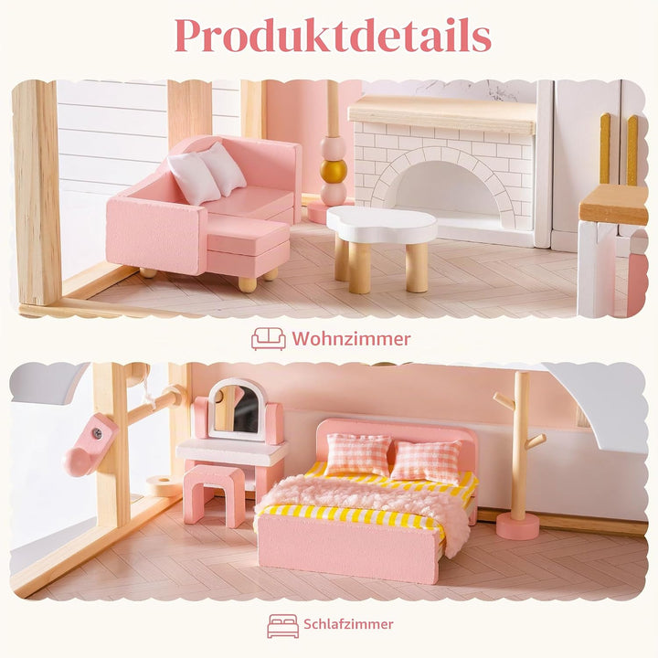 ROBUD Holz Puppenhaus Möbel Set 28-TLG, Puppenmöbel Zubehör für Puppenhaus, Schlafzimmer Küche Wohnz