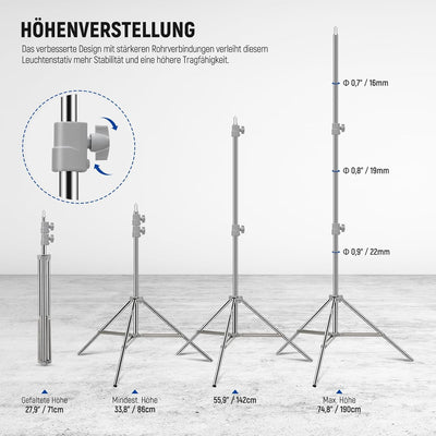 NEEWER Verbesserter 75"/190cm Lichtständer Licht Stativ Edelstahl federbelastet, faltbares Fotostati