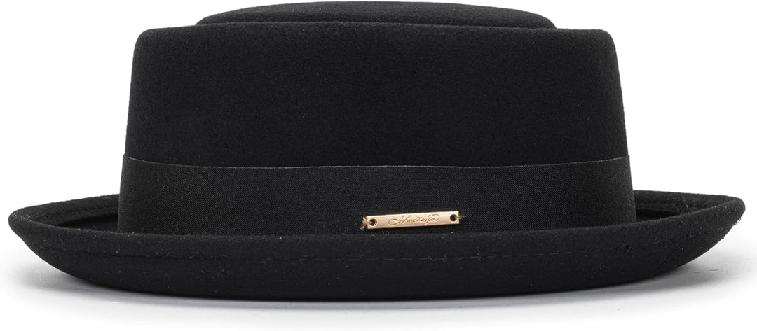 Pork Pie Hut für Herren, Wolle, flache Oberseite, Fedora-Hut, Unisex, Porkpie-Hüte (S/M) M Schwarz,