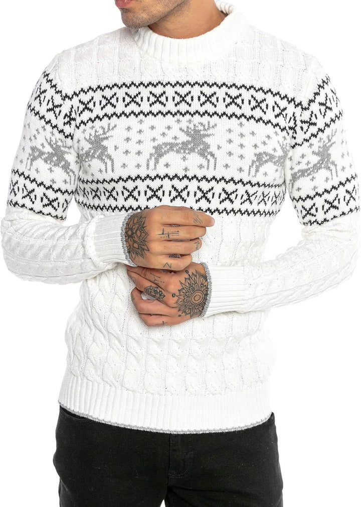 Red Bridge Herren Strickpullover Norweger Pullover Slim-Fit Plait Reindeer XXL Weiss, XXL Weiss