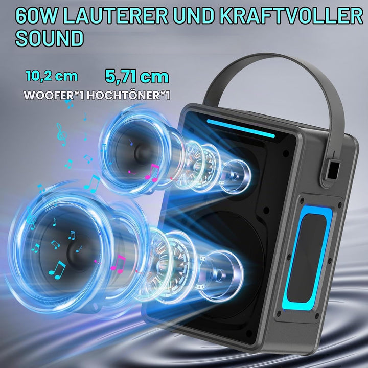 Tragbarer Bluetooth Lautsprecher 60W, IPX6 wasserdichter kabelloser Speaker mit kräftigem Bass, TWS