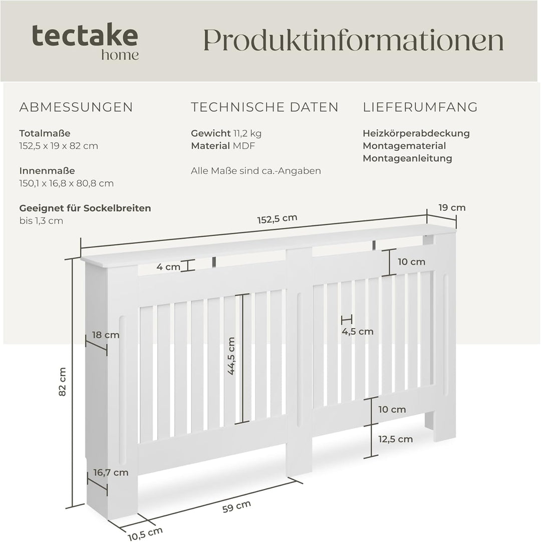 tectake® Heizkörperverkleidung, Holzverkleidung MDF, Heizungsverkleidung weiss mit Lamellen, Heizkör