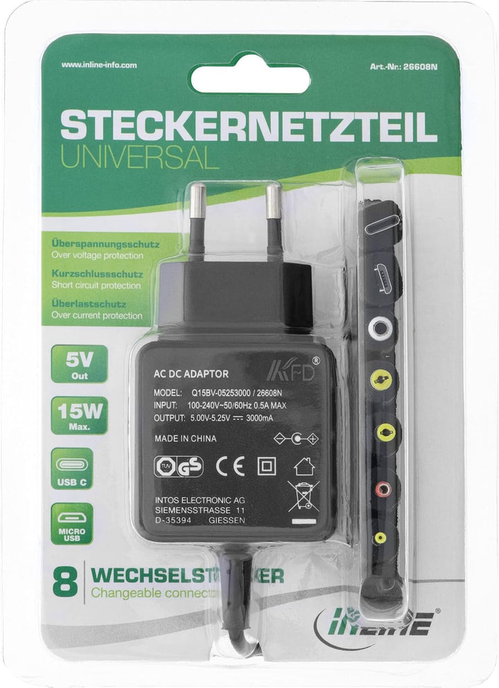 InLine 26608N Universal Steckernetzteil, 5V / 15W, mit 8 Wechselstecker, Micro-USB, USB-C