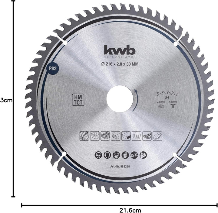 kwb Kreissägeblatt 216 x 30 mm, sehr feiner Schnitt, Sägeblatt geeignet für Arbeitsplatten, Holz und