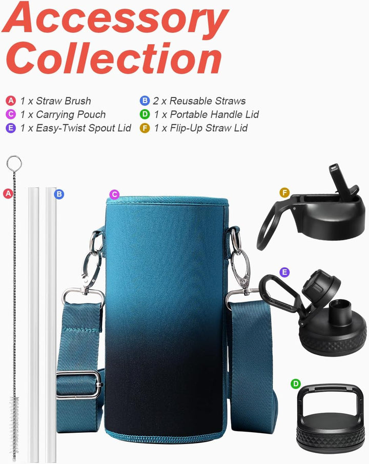 Coolflask Isolierte Wasserflasche 1L, Edelstahl Isolierte Wasserflasche mit Strohhalm & 3 Deckeln, D