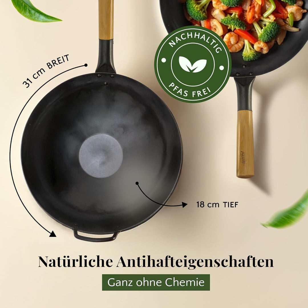 pasoli handgehämmerter Wok + gratis Rezepte eBook - voreingebrannt - traditionelle Asiapfanne - Brat