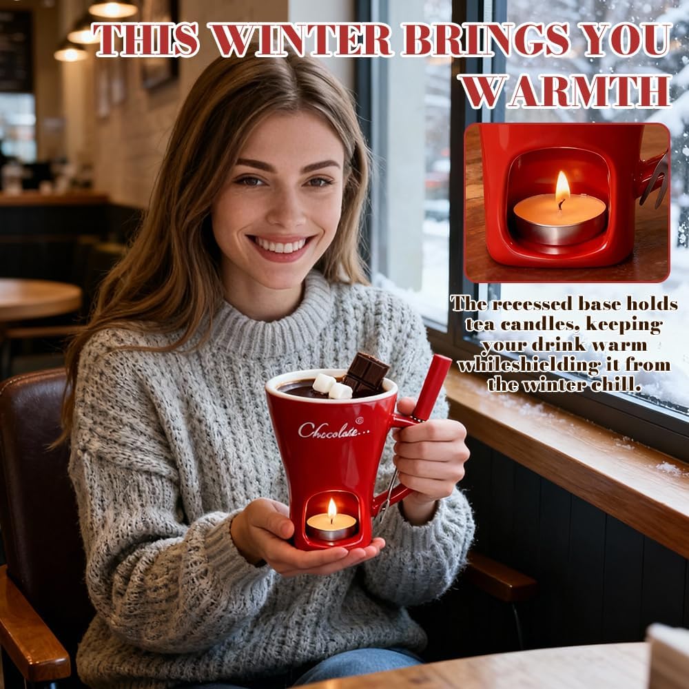 Schokofondue Tasse Set, Keramik Schokoladenfondue Tasse mit Gabel, 130ML Schoko Fondue Tassen, Persö