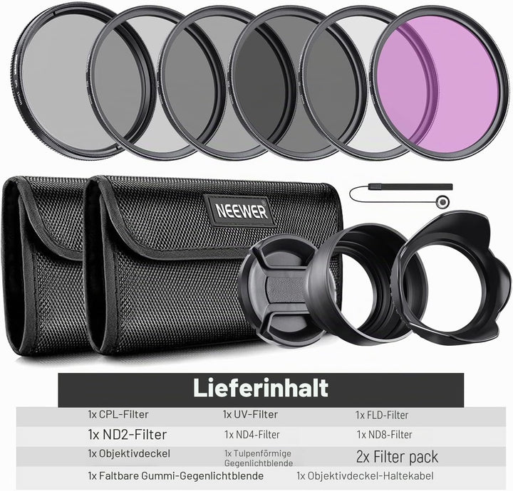 NEEWER Objektiv Filter Set 55mm UV CPL und ND Filters(ND2, ND4, ND8) FLD Filter, Tulpenförmiger Blen